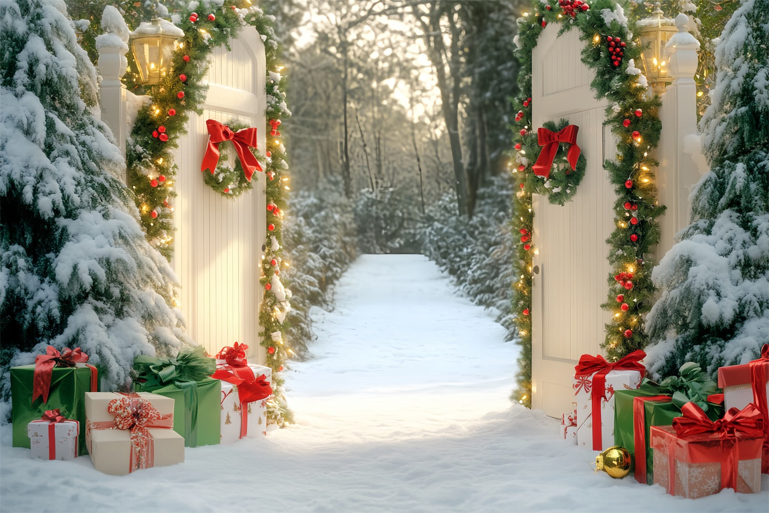 Bow Backdrop Snowy Gate Forest Pathway Christmas Backdrop LXX510-152