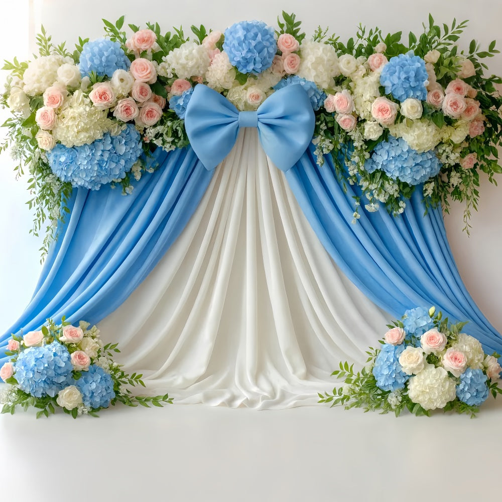 Large Bow Backdrop Blue Floral Draped Elegance Flower Backdrop LXX510-153