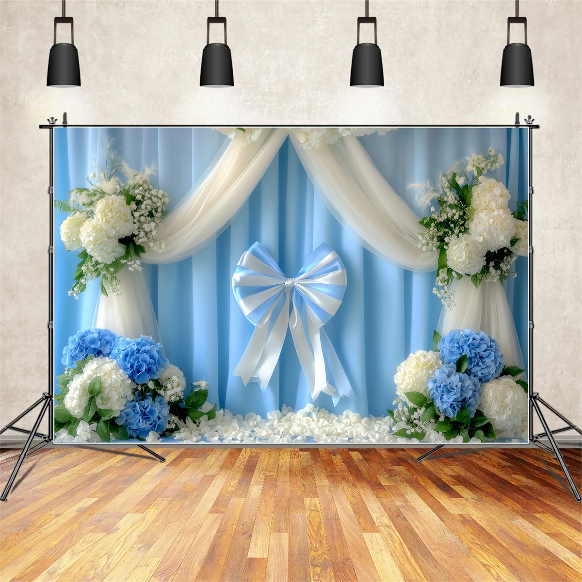 Bow Backdrop White Blue Ribbon Garden Floral Backdrop LXX510-154