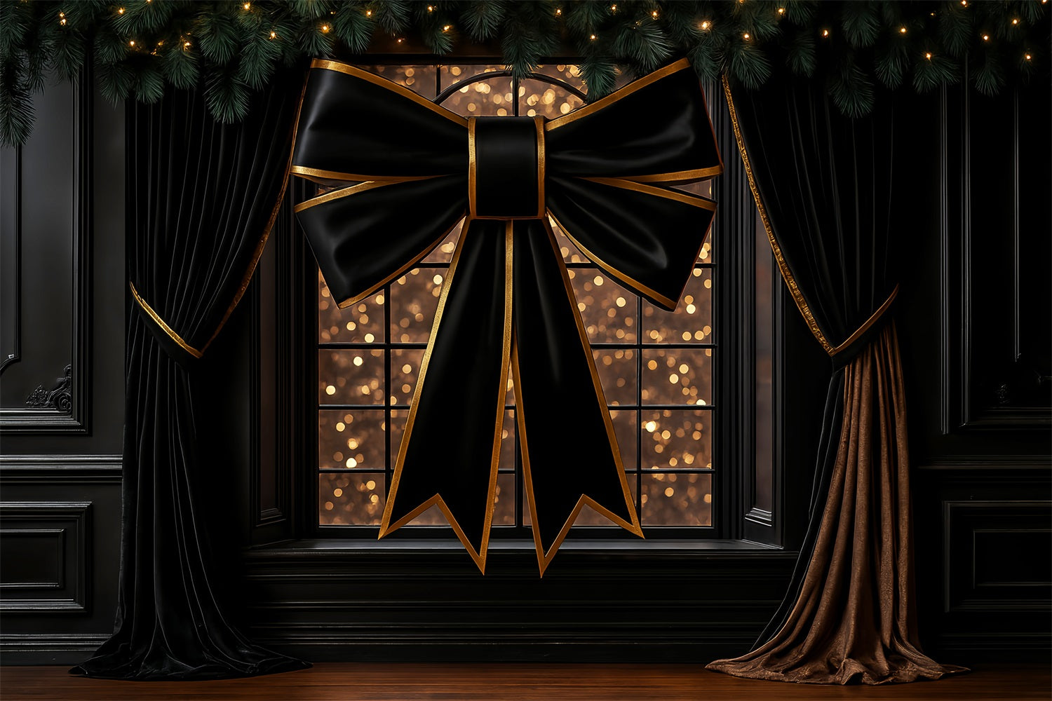 Large Bow Backdrop Elegant Black Gold Window Christmas Photo Backdrop LXX510-156