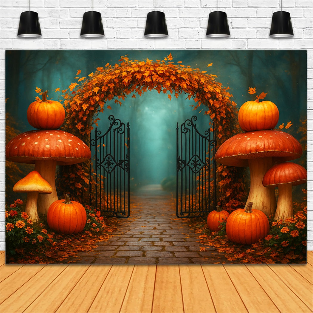 Pumpkins Gate Backdrop Maple Arch Forest Path Thanksgiving Backdrops LXX510-20