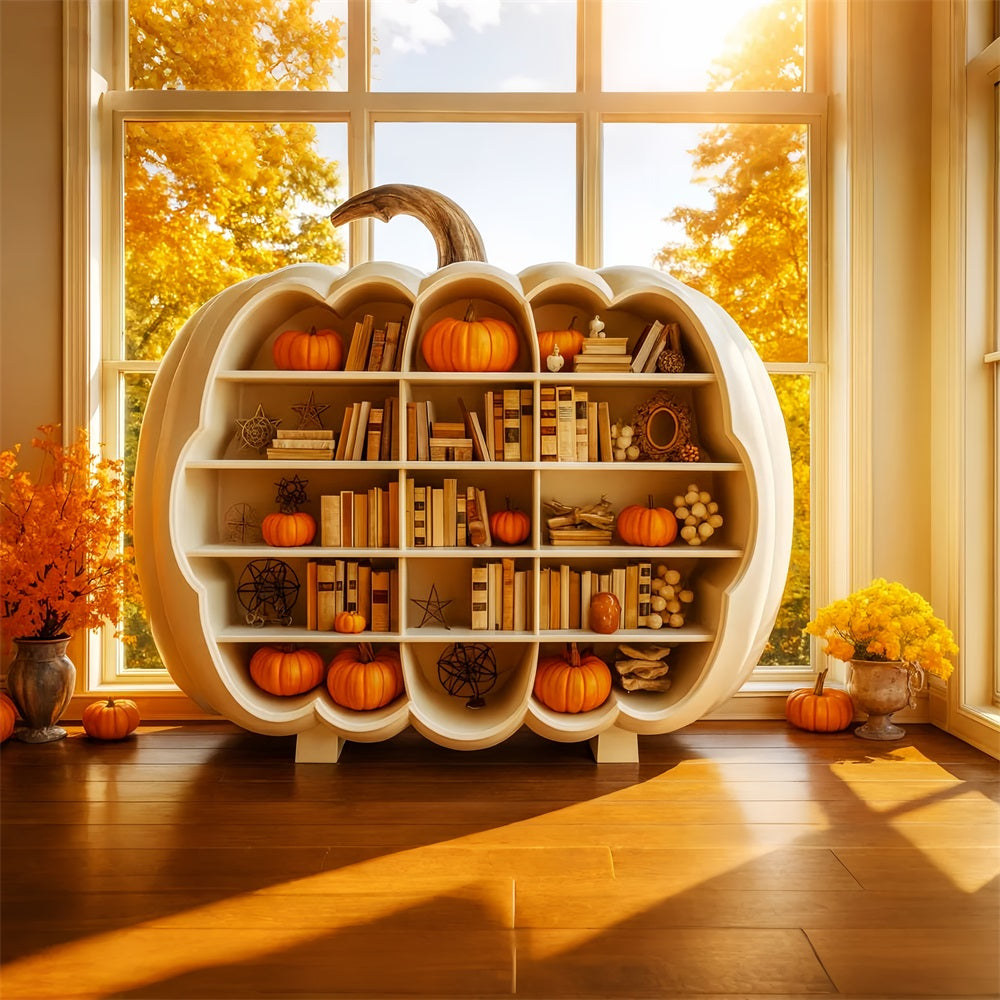 Pumpkin Photo Backdrop Bookshelf Autumn Glow Thanksgiving Photo Backdrops LXX510-22