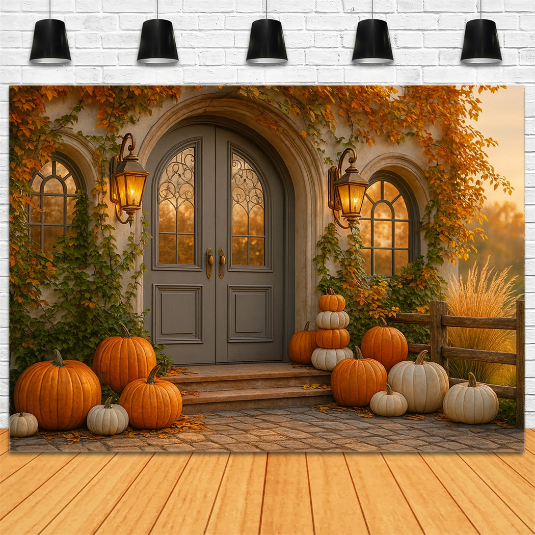 Pumpkin Backdrop Cottage Door Pumpkin Porch Happy Thanksgiving Backdrop LXX510-23