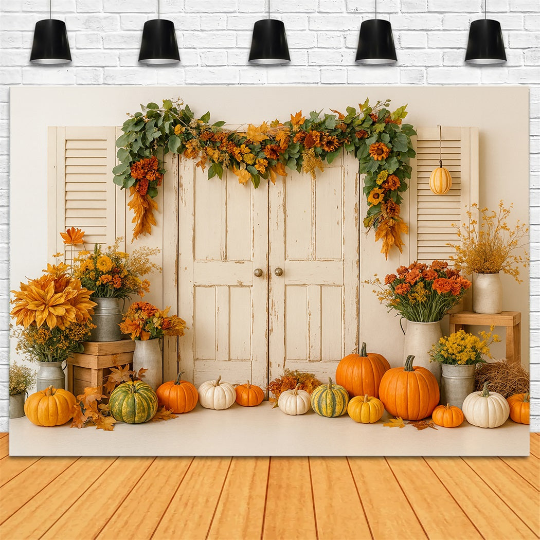 Pumpkin Backdrop Vintage Door Harvest Florals Thanksgiving Photo Backdrop LXX510-25