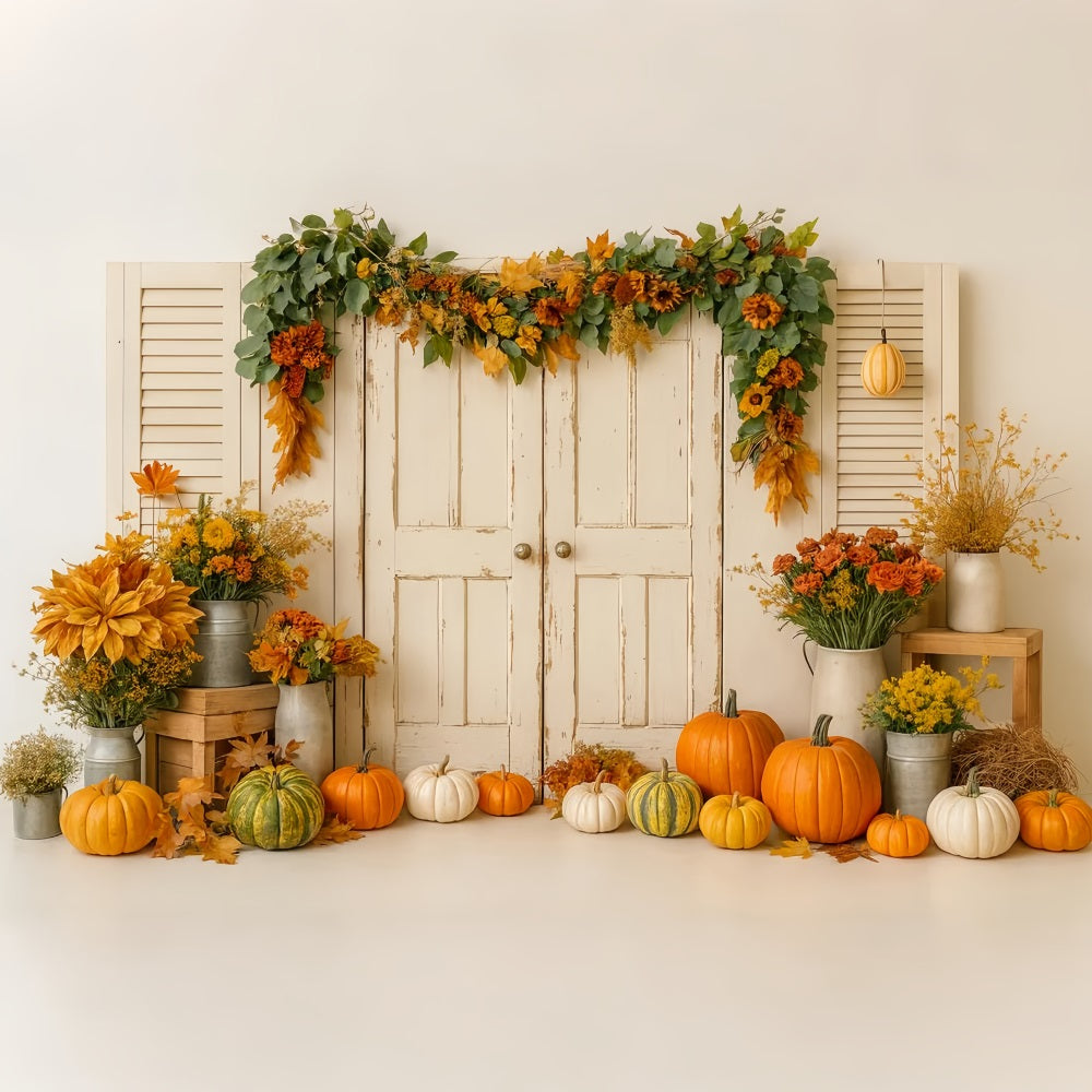 Pumpkin Backdrop Vintage Door Harvest Florals Thanksgiving Photo Backdrop LXX510-25