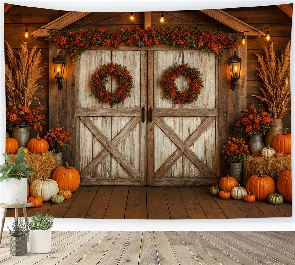 Farm Backdrop Rustic Barn Autumn Wreaths Thanksgiving Backdrop Ideas LXX510-27