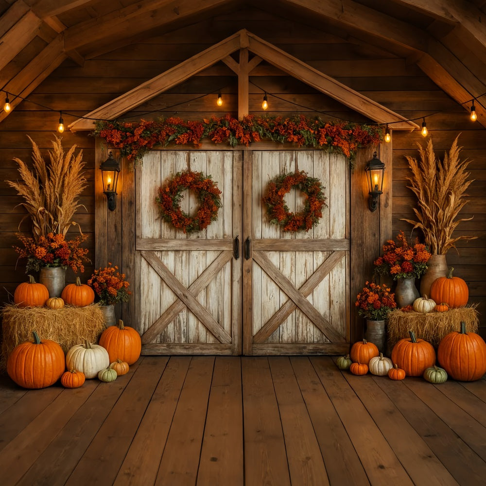 Farm Backdrop Rustic Barn Autumn Wreaths Thanksgiving Backdrop Ideas LXX510-27