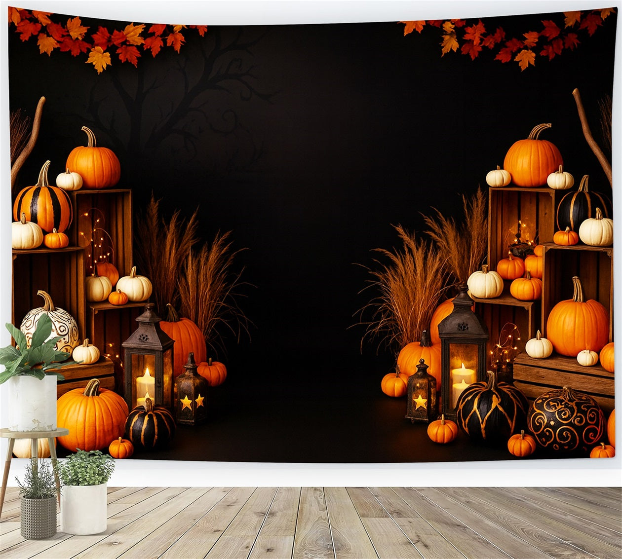 Farm Backdrop Golden Maple Lantern Glow Thanksgiving Photo Backdrop LXX510-31