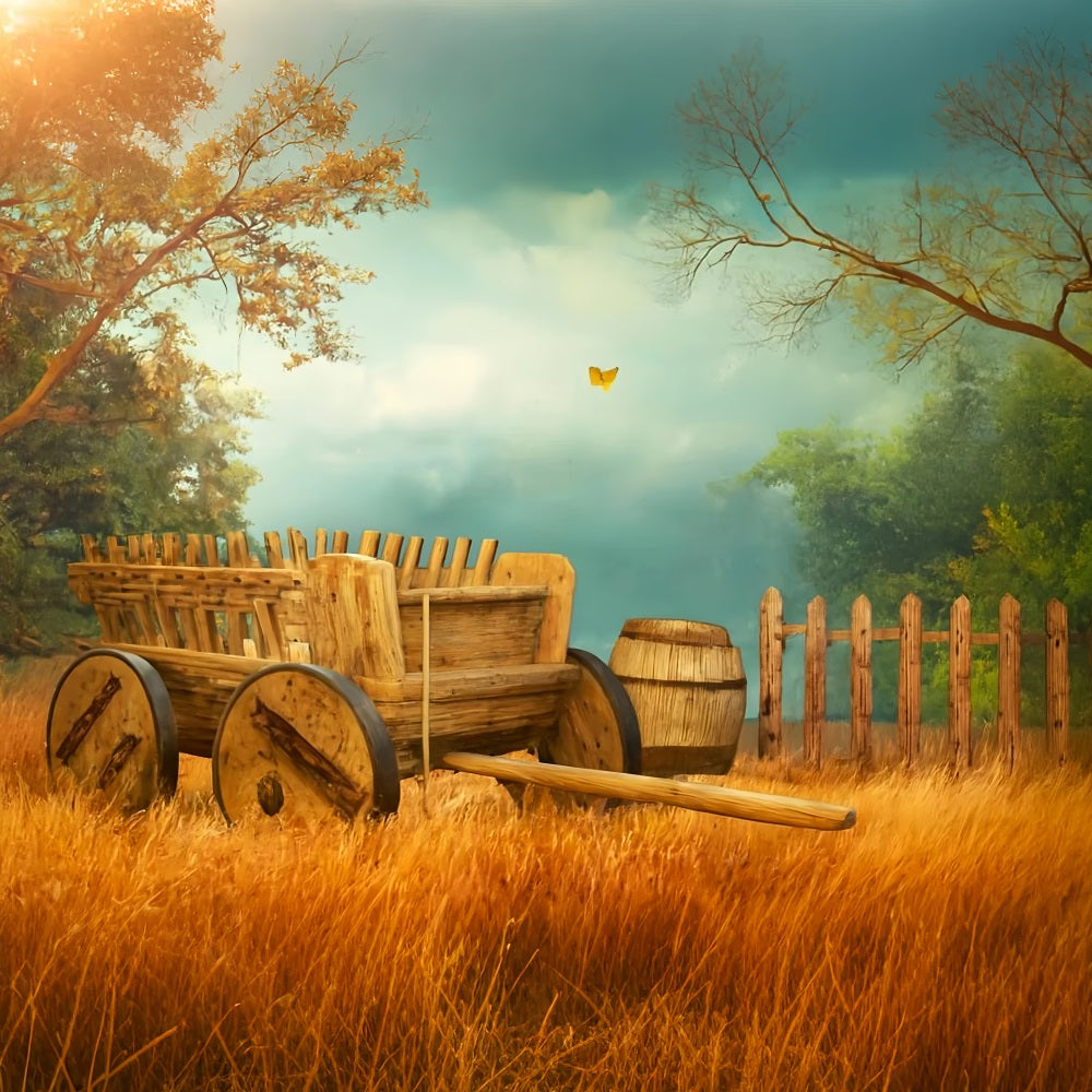 Farm Backdrop Wooden Cart Autumn Meadow Thanksgiving Photo Backdrops LXX510-34