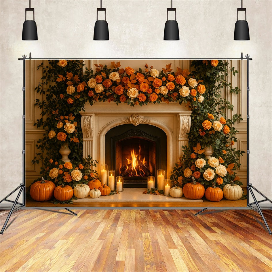 Fall Backdrop Fireplace Roses Candle Glow Thanksgiving Backdrop LXX510-36