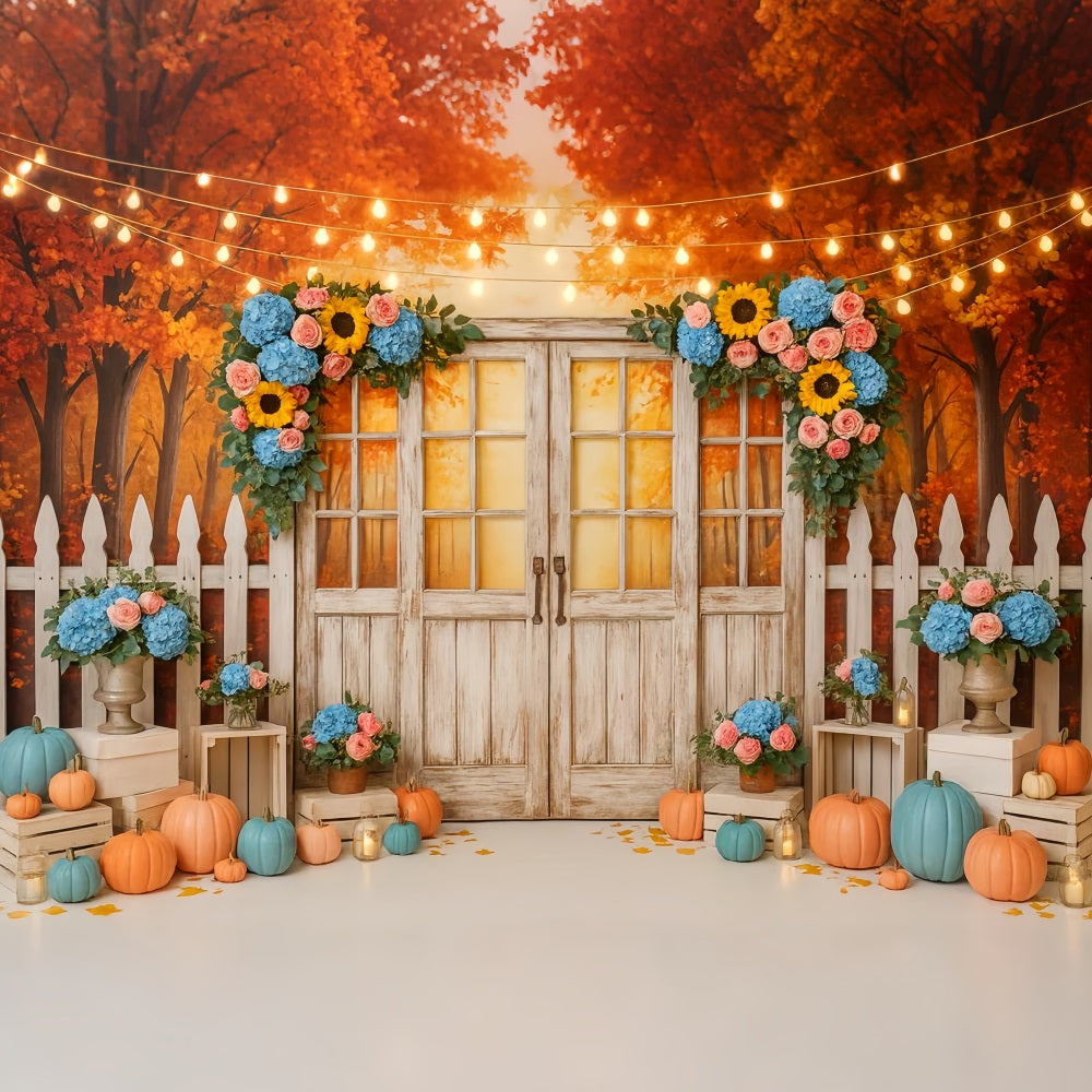 Fall Backdrop Rustic Door Floral Lights Thanksgiving Photo Backdrop LXX510-37