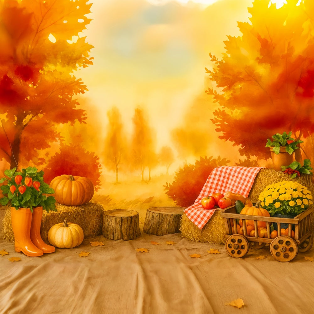 Pumpkin Photo Backdrop Golden Orchard Autumn Picnic Thanksgiving Backdrop Ideas LXX510-39