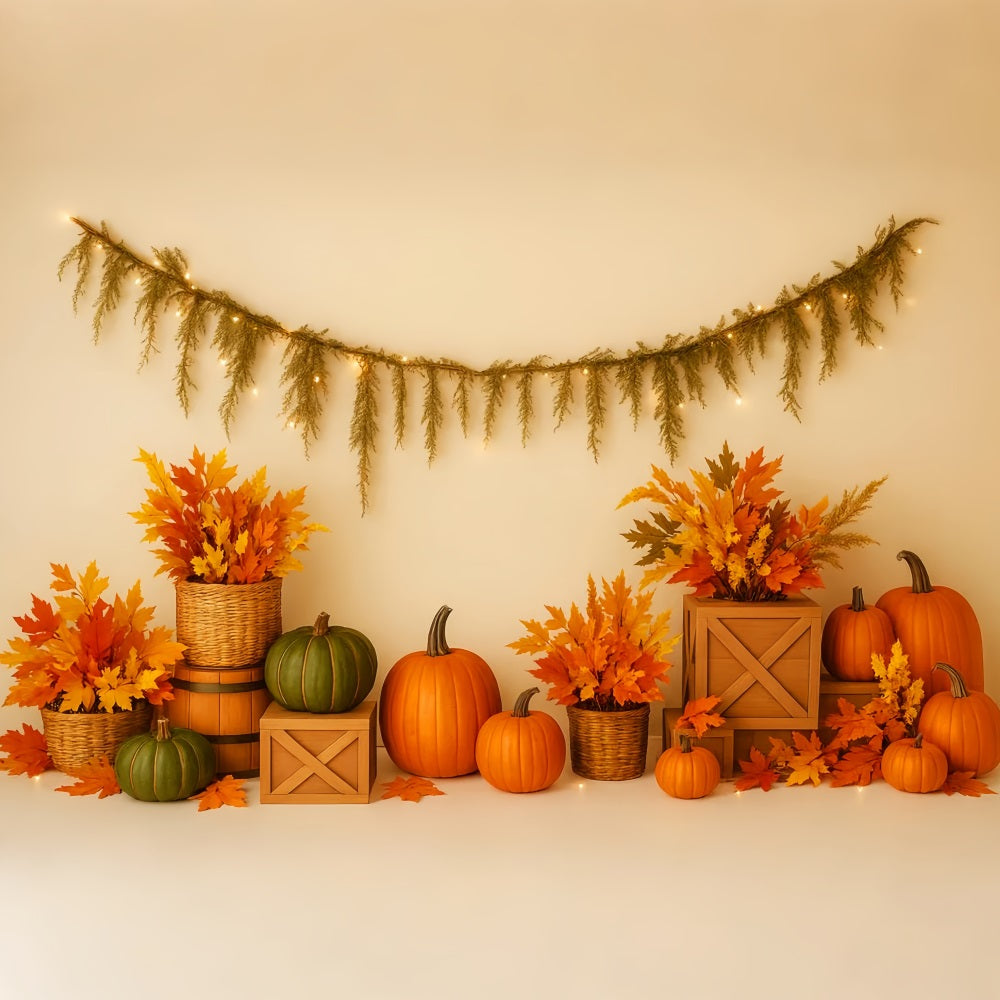 Pumpkin Backdrop Maple Leaves Cozy Arrangement Thanksgiving Photo Backdrops LXX510-40