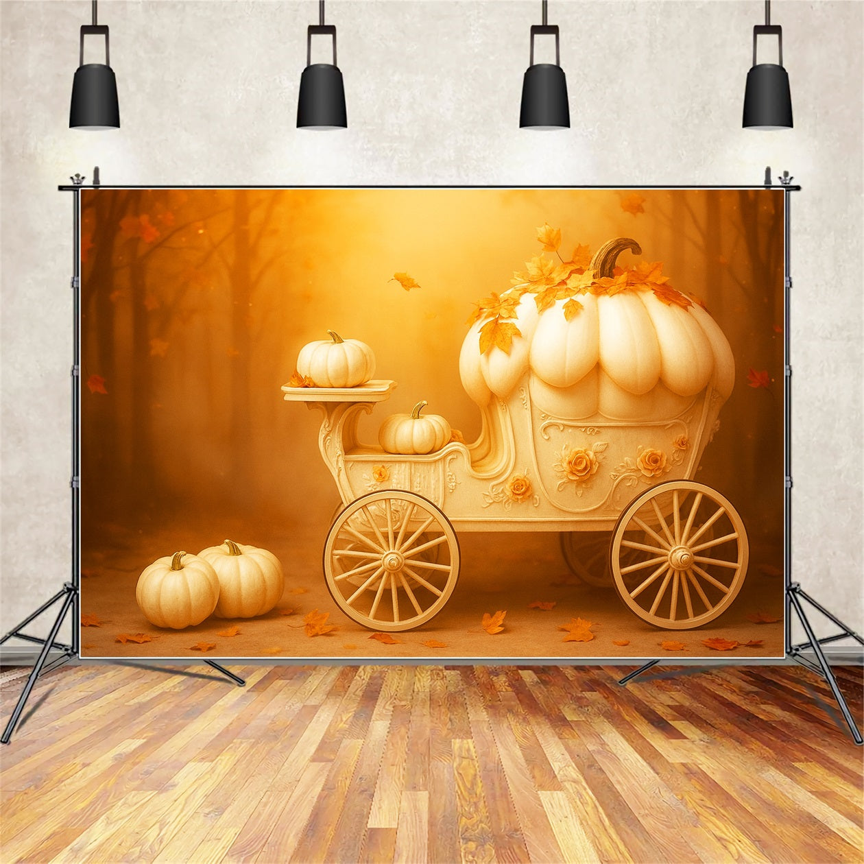 Pumpkin Photo Backdrop Pumpkin Carriage Golden Dream Happy Thanksgiving Backdrop LXX510-41