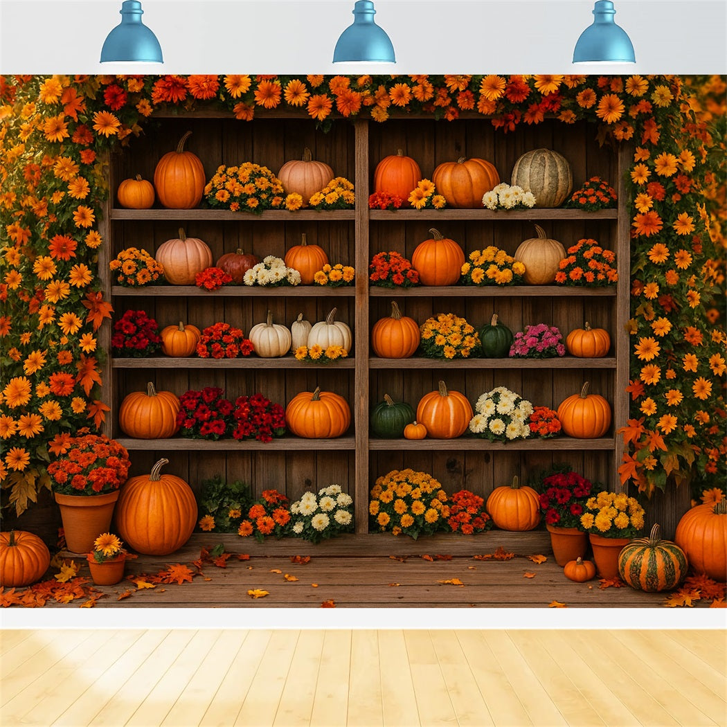Farm Backdrop Blooming Pumpkin Floral Shelf Thanksgiving Photo Backdrop LXX510-49
