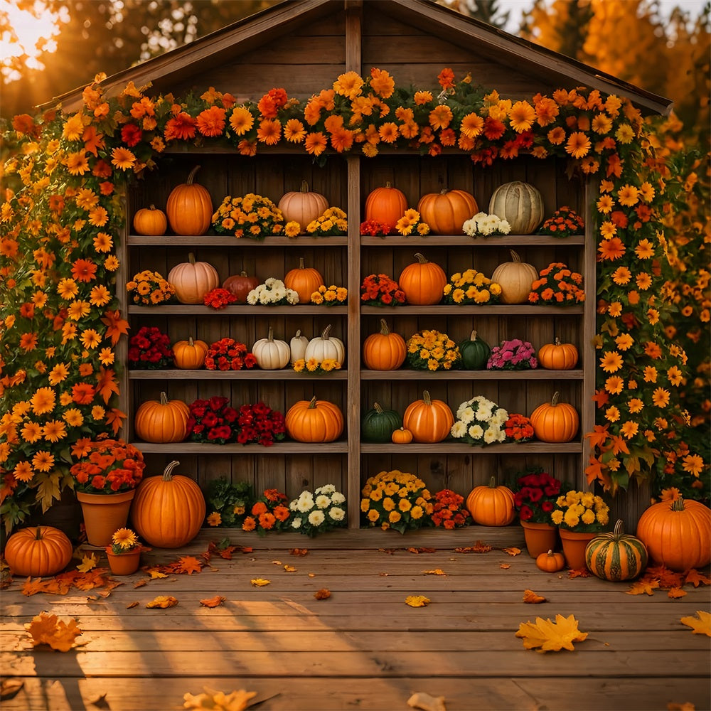 Farm Backdrop Blooming Pumpkin Floral Shelf Thanksgiving Photo Backdrop LXX510-49