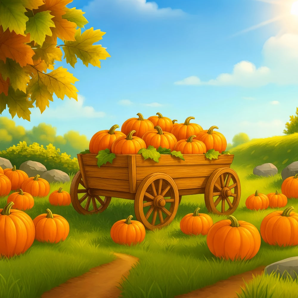 Farm Backdrop Pumpkin Wagon Sunny Field Thanksgiving Backdrop Ideas LXX510-51