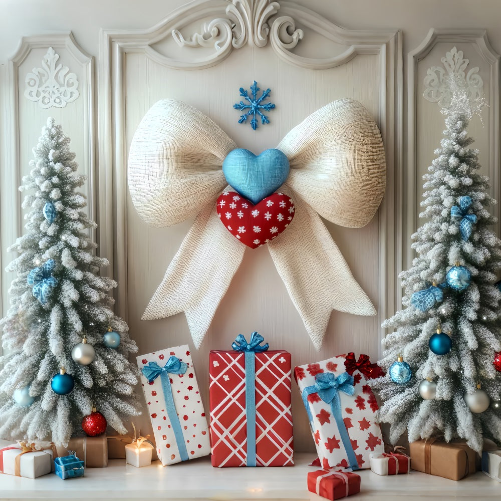 Winter Backdrop Frosted Trees Heart Ribbon Winter Photo Backdrop LXX510-57