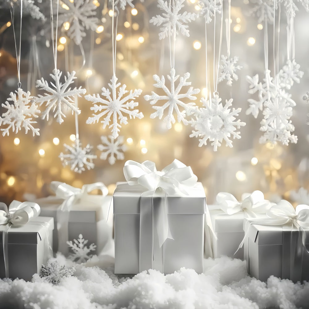 Snowflakes Backdrop White Gift Boxes Sparkle Winter Photography Backdrops LXX510-61