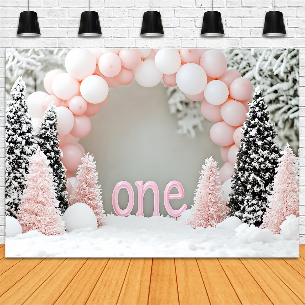 Winter Snow Backdrop Pink Balloon Birthday Wonderland Winter Backdrops LXX510-63