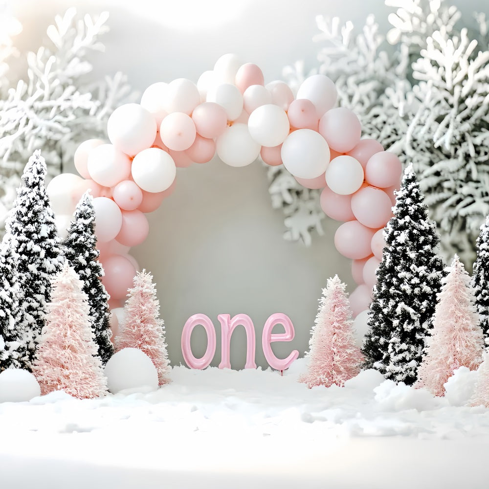Winter Snow Backdrop Pink Balloon Birthday Wonderland Winter Backdrops LXX510-63