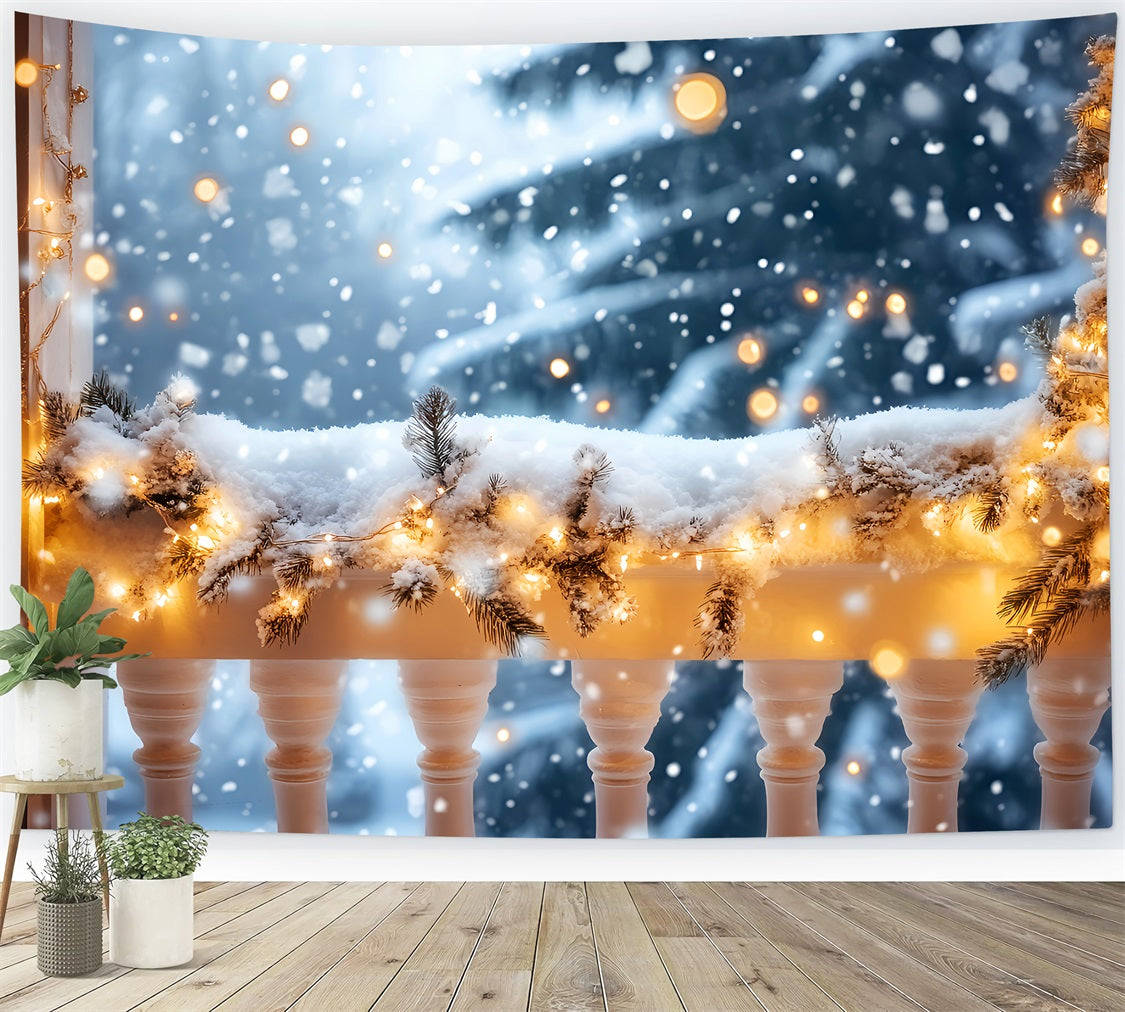 Winter Snow Backdrop Snowy Balcony Golden Lights Winter Backdrops LXX510-73