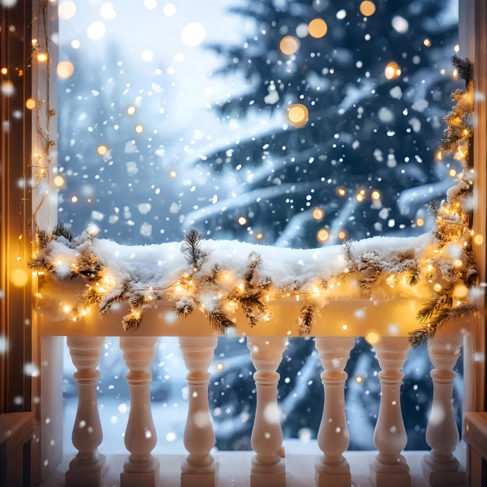Winter Snow Backdrop Snowy Balcony Golden Lights Winter Backdrops LXX510-73