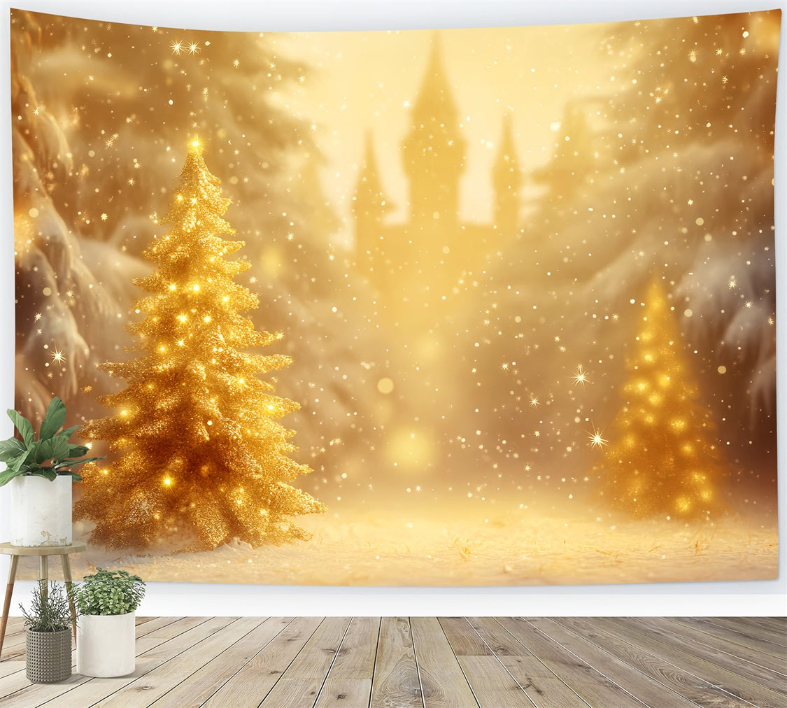 Winter Forest Backdrop Golden Christmas Tree Glow Winter Photo Backdrops LXX510-74