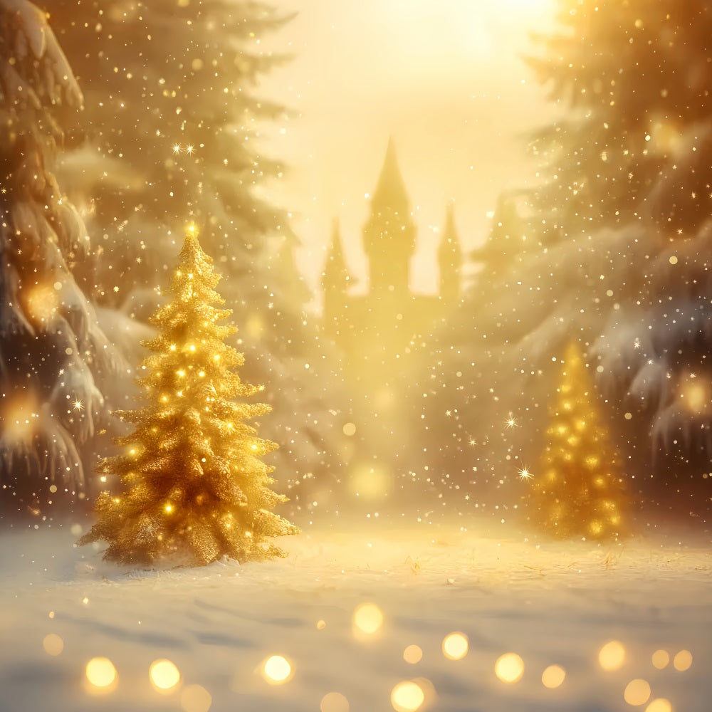 Winter Forest Backdrop Golden Christmas Tree Glow Winter Photo Backdrops LXX510-74