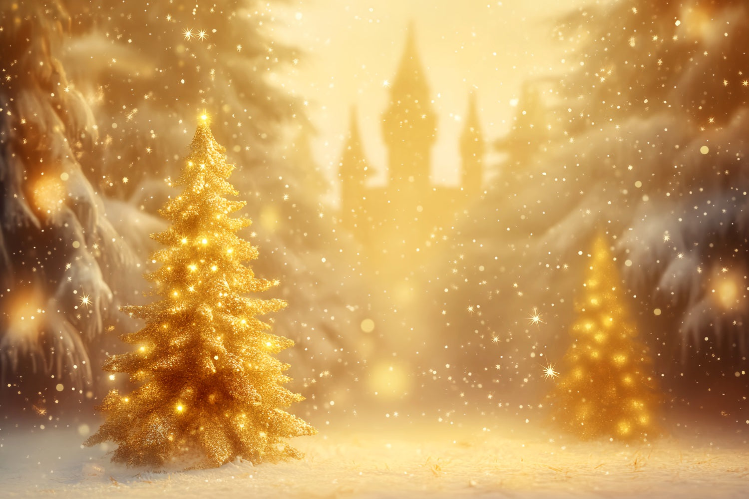 Winter Forest Backdrop Golden Christmas Tree Glow Winter Photo Backdrops LXX510-74