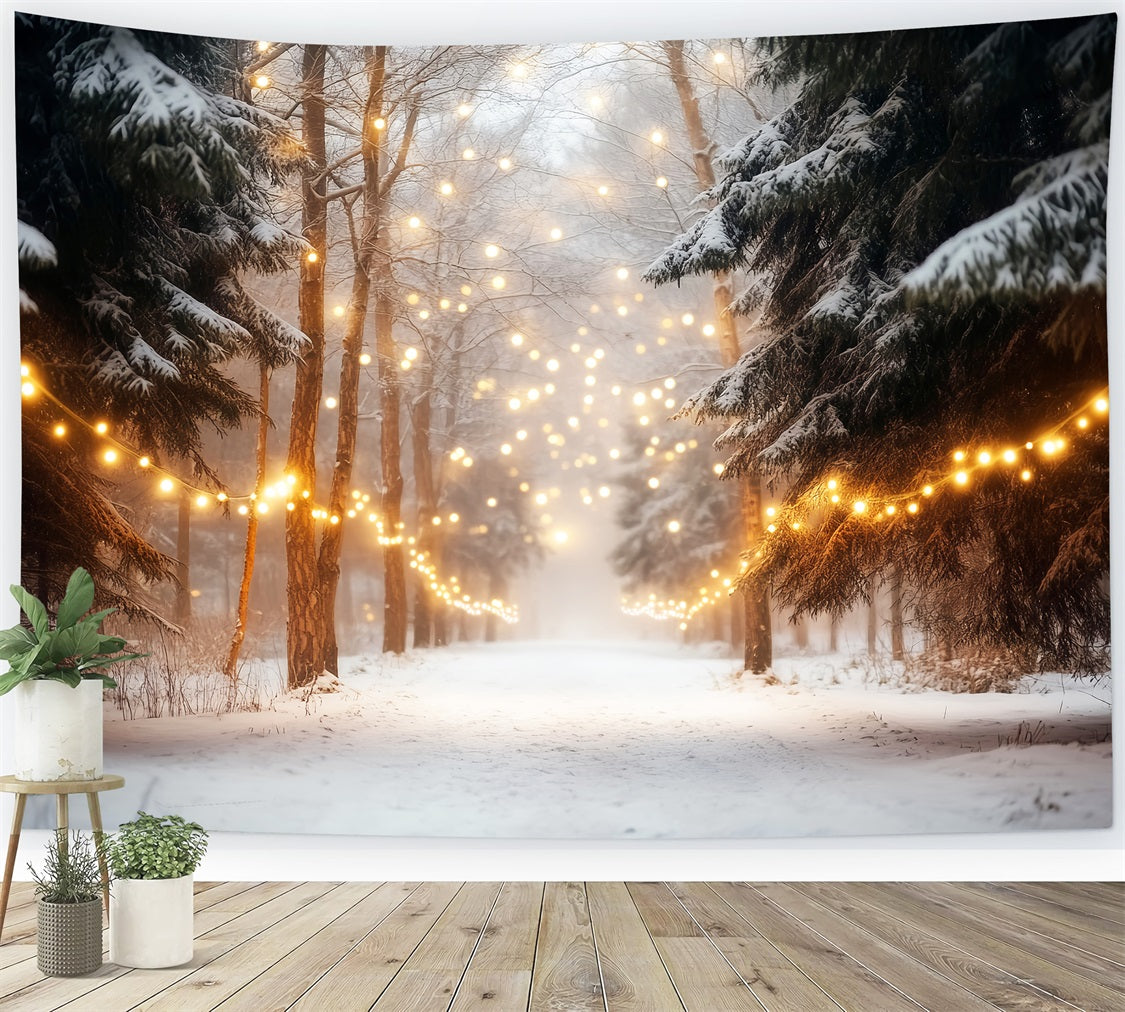 Winter Forest Backdrop Snowy Forest String Lights Winter Photo Backdrops LXX510-75