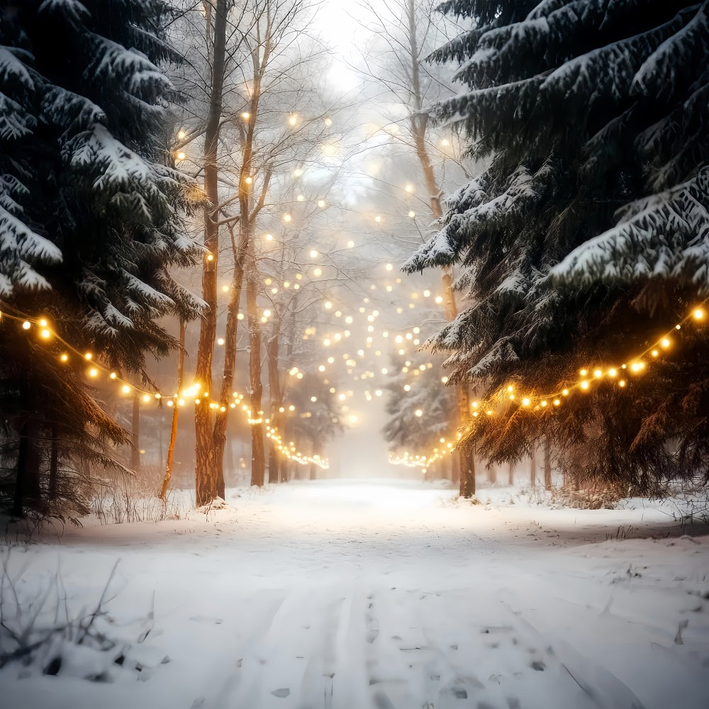 Winter Forest Backdrop Snowy Forest String Lights Winter Photo Backdrops LXX510-75