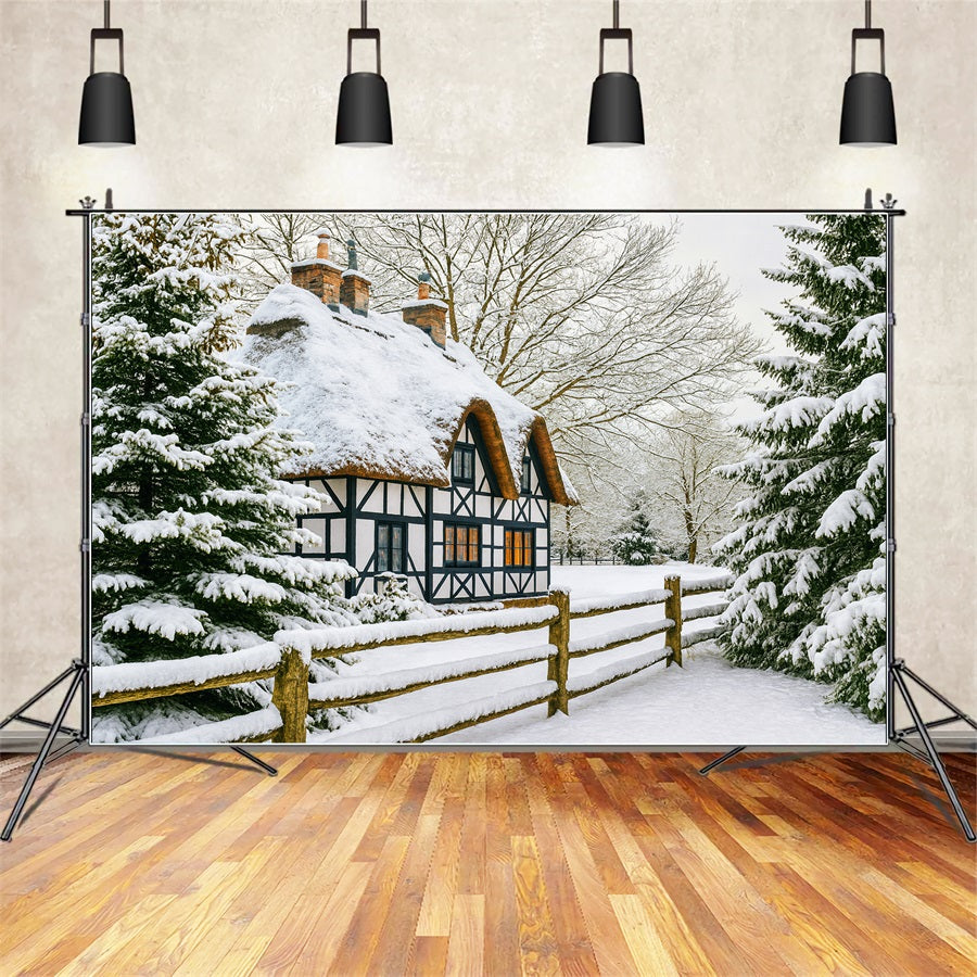 Winter Wonderland Backdrop Snow Cottage Pine Forest Winter Backdrop LXX510-82