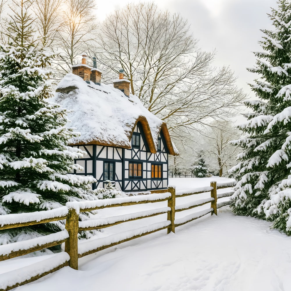 Winter Wonderland Backdrop Snow Cottage Pine Forest Winter Backdrop LXX510-82