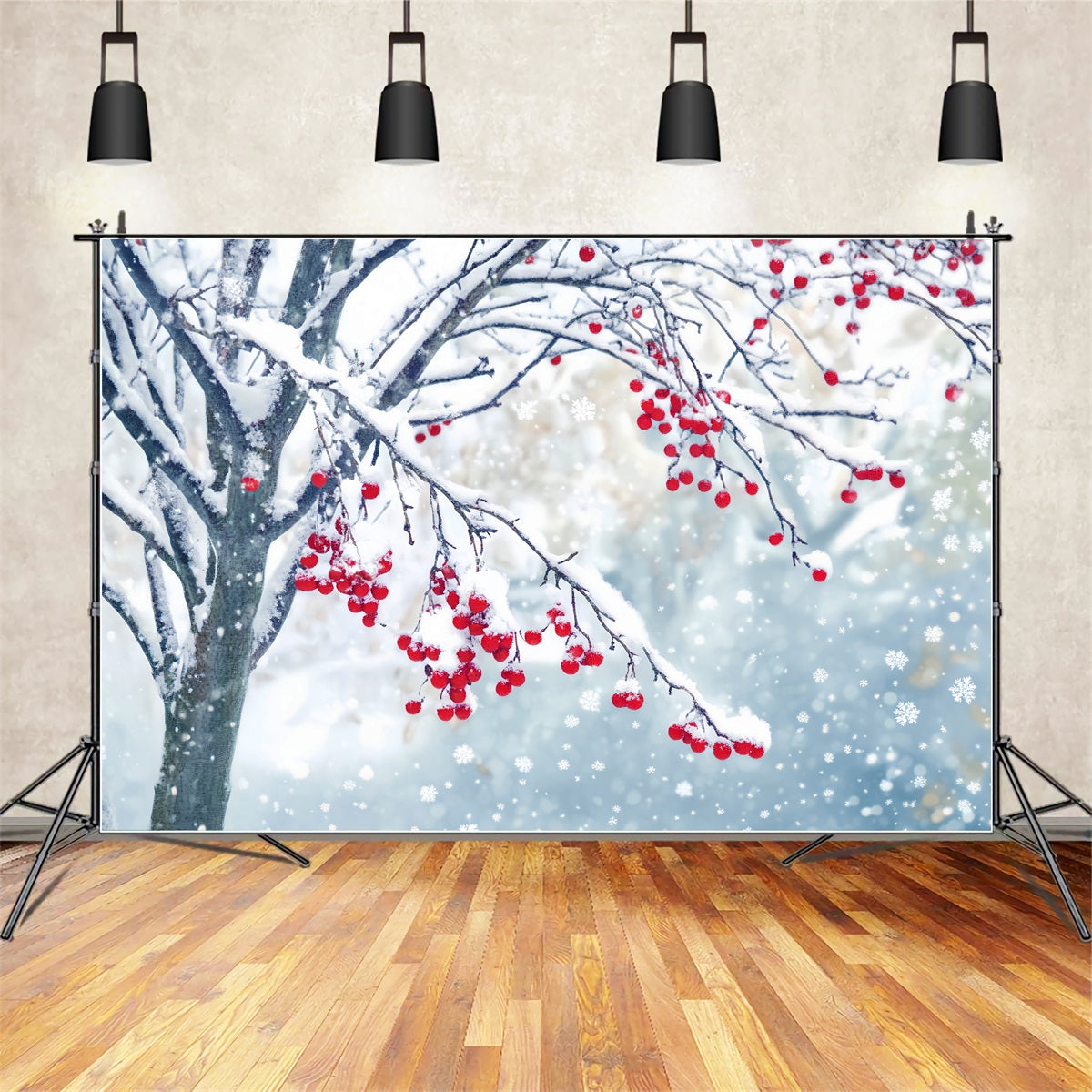 Winter Snow Backdrop Red Berry Snow Branches Winter Photo Backdrops LXX510-83