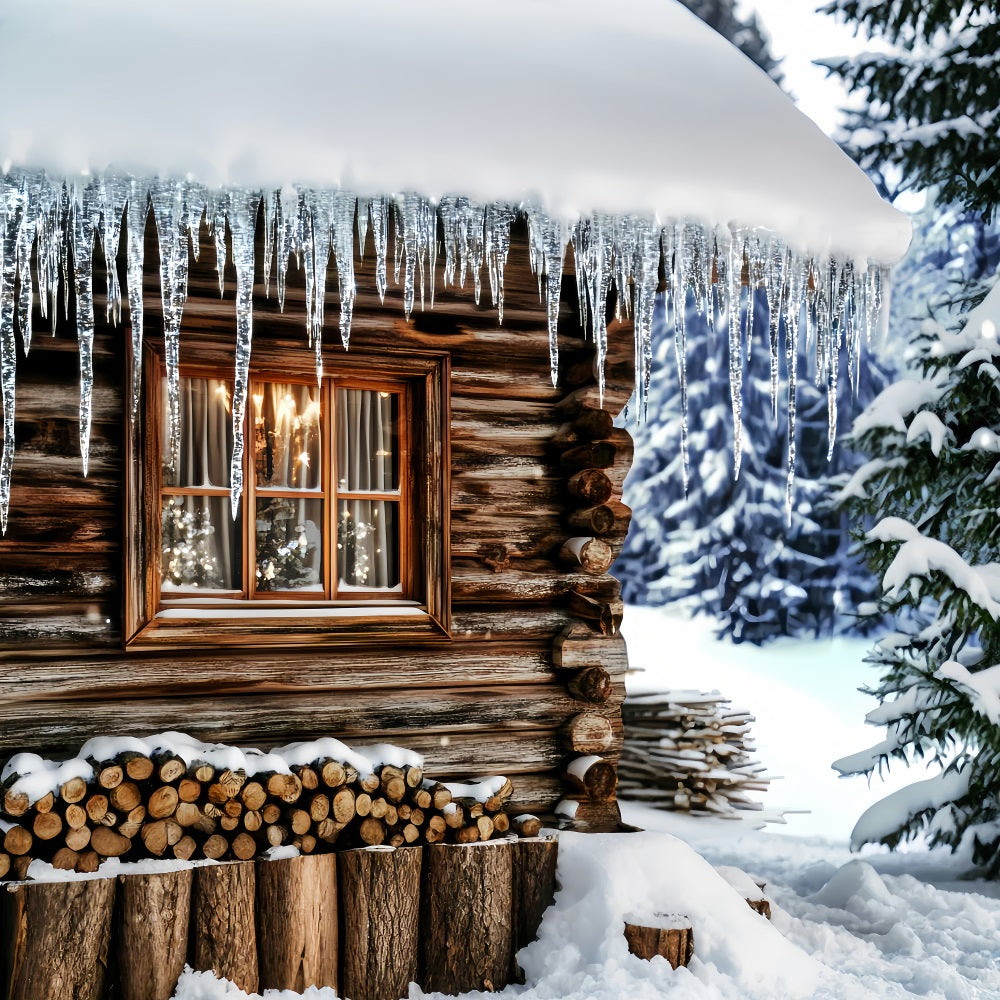 Winter Photo Backdrop Cozy Cabin Icicle Window Winter Backdrop LXX510-84