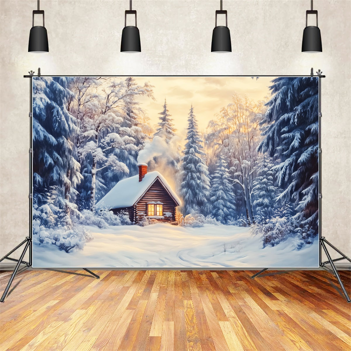 Winter Wonderland Backdrop Snow Cabin Forest Glow Winter Photo Backdrops LXX510-85