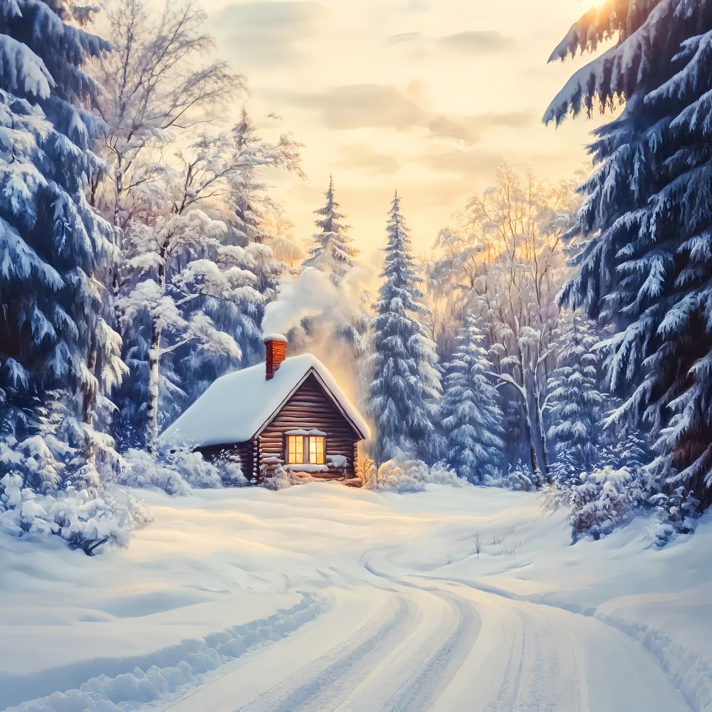 Winter Wonderland Backdrop Snow Cabin Forest Glow Winter Photo Backdrops LXX510-85