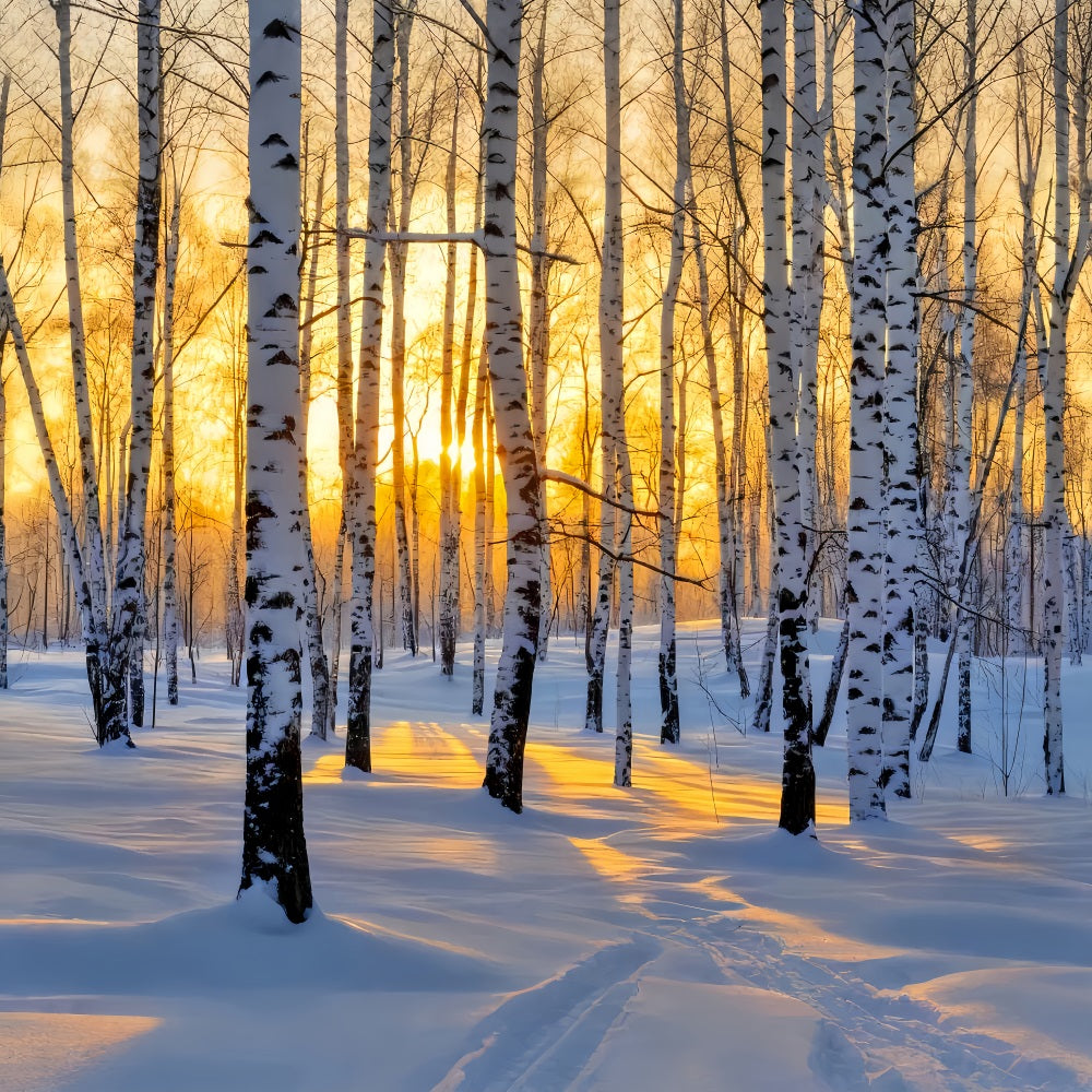 Winter Forest Backdrop Golden Sunrise Birch Wonderland Winter Backdrop LXX510-87