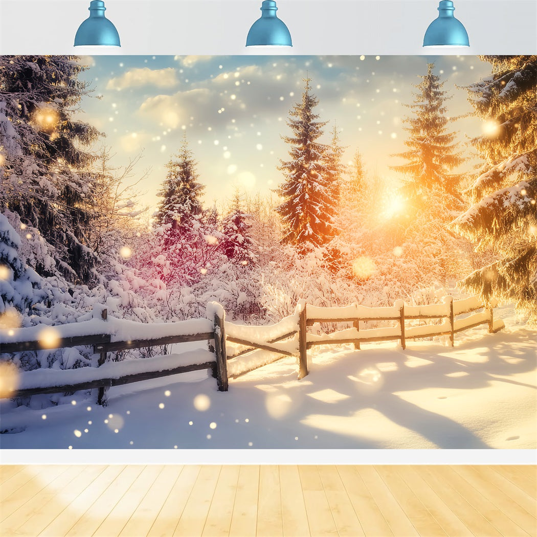 Wonderland Backdrop Sparkling Sunset Snow Fence Winter Photo Backdrops LXX510-99