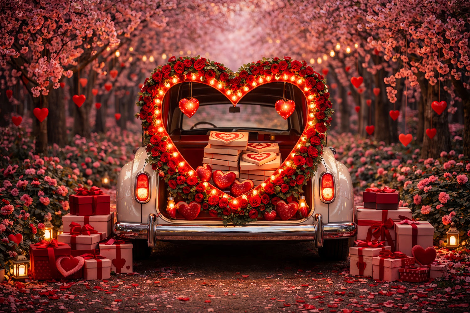 Gift Box Valentine Backdrop Heart Trunk Blossom Red Rose Heart Backdrop LXX512-100