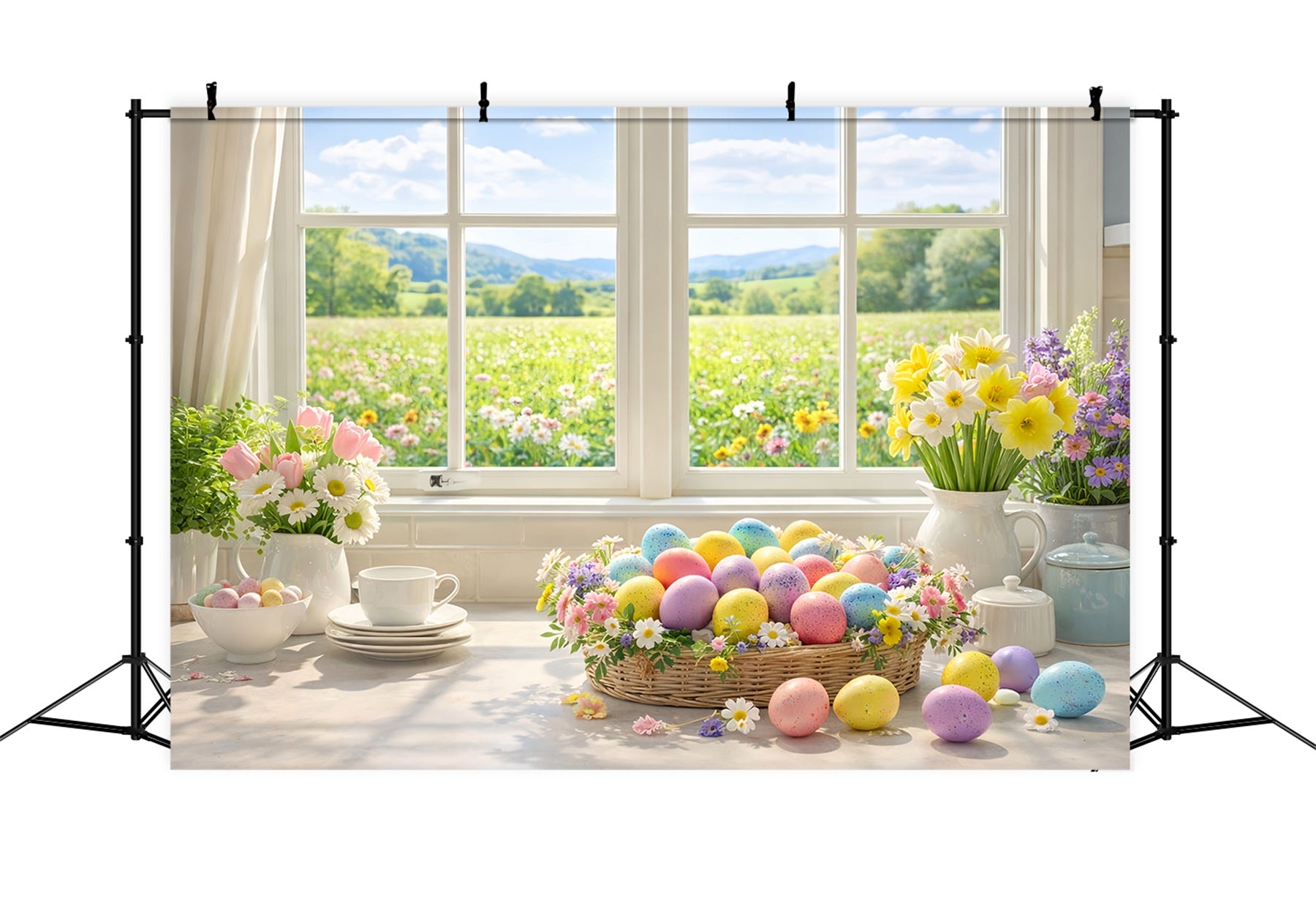 Easter Egg Backdrop Spring Window Basket Daisies Tulip Backdrop LXX512-102
