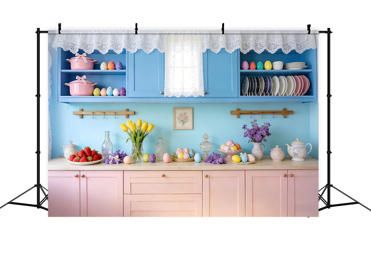 Rustic Easter Backdrop Vintage Blue Kitchen Egg Easter Photo Backdrop LXX512-104