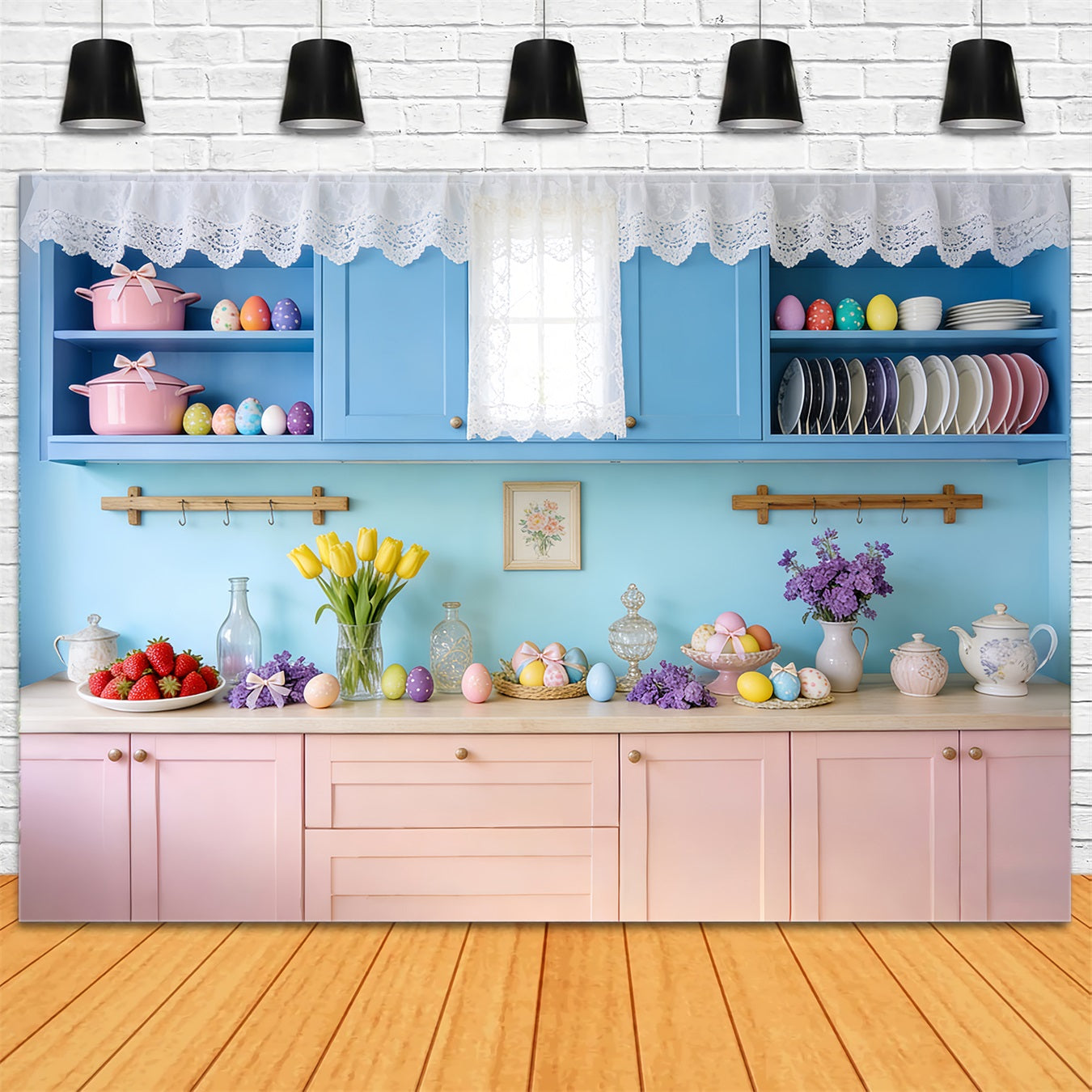 Rustic Easter Backdrop Vintage Blue Kitchen Egg Easter Photo Backdrop LXX512-104