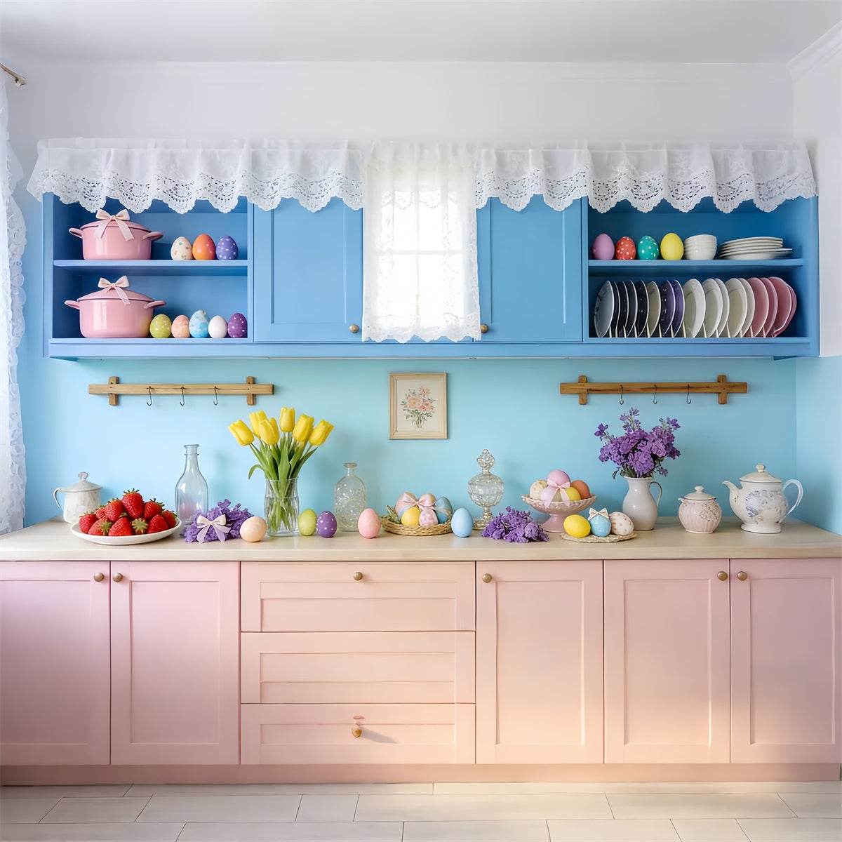 Rustic Easter Backdrop Vintage Blue Kitchen Egg Easter Photo Backdrop LXX512-104
