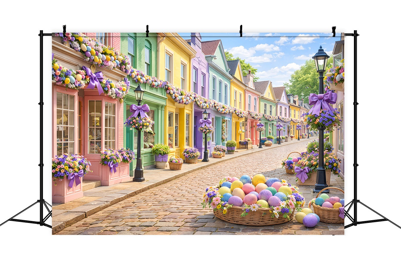 Easter Basket Backdrop Pastel Egg Village Street Easter Photo Backdrop LXX512-107