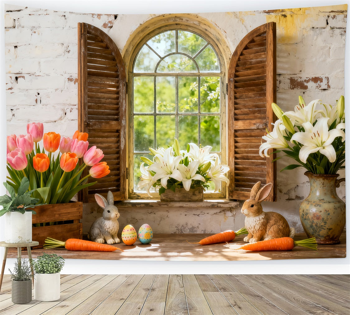 Easter Lily Backdrop Bunny Flowers Shutter Window Rustic Easter Backdrop LXX512-112