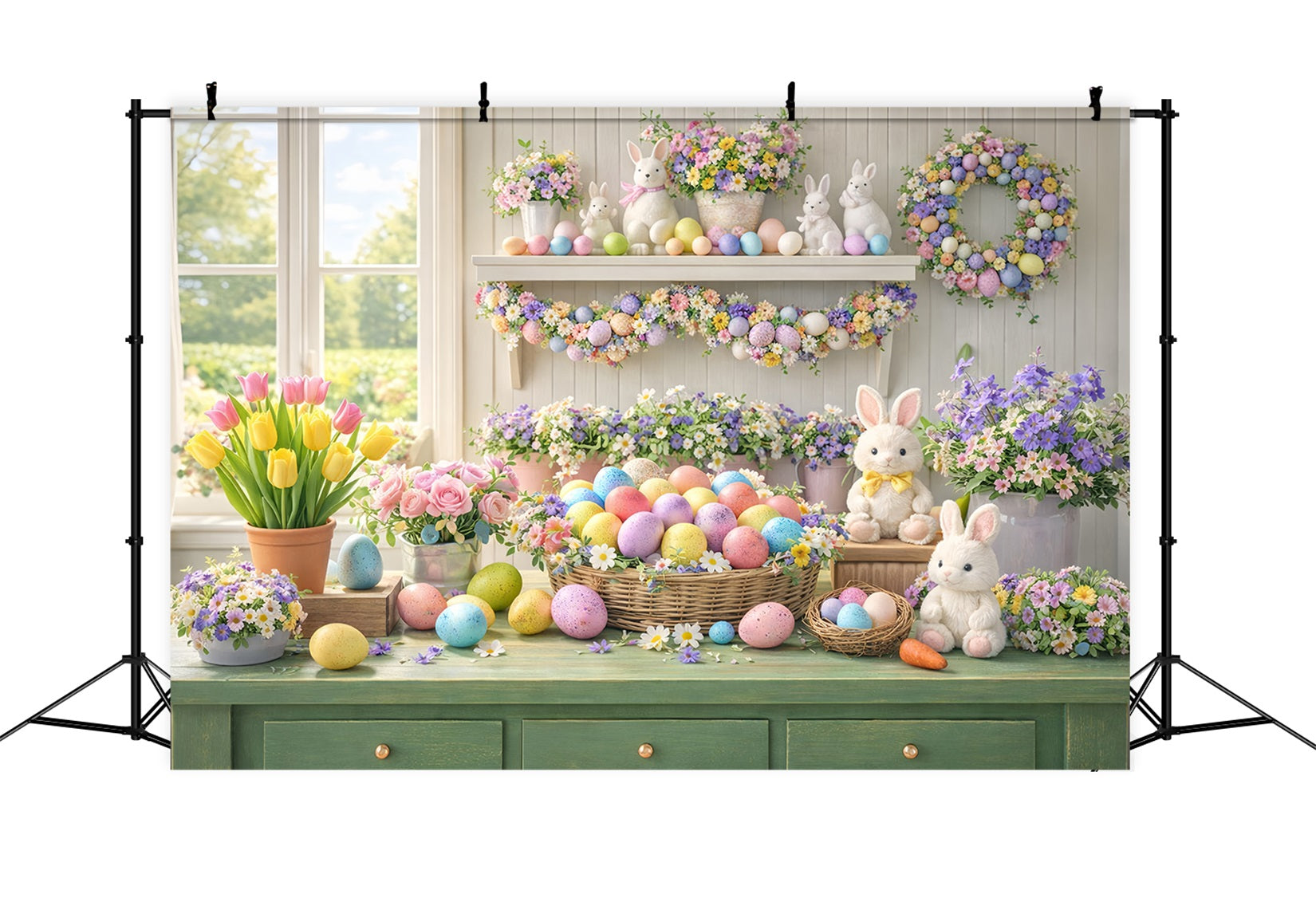 Easter Flower Backdrop Pastel Egg Tulip Window Bunny Backdrop LXX512-114