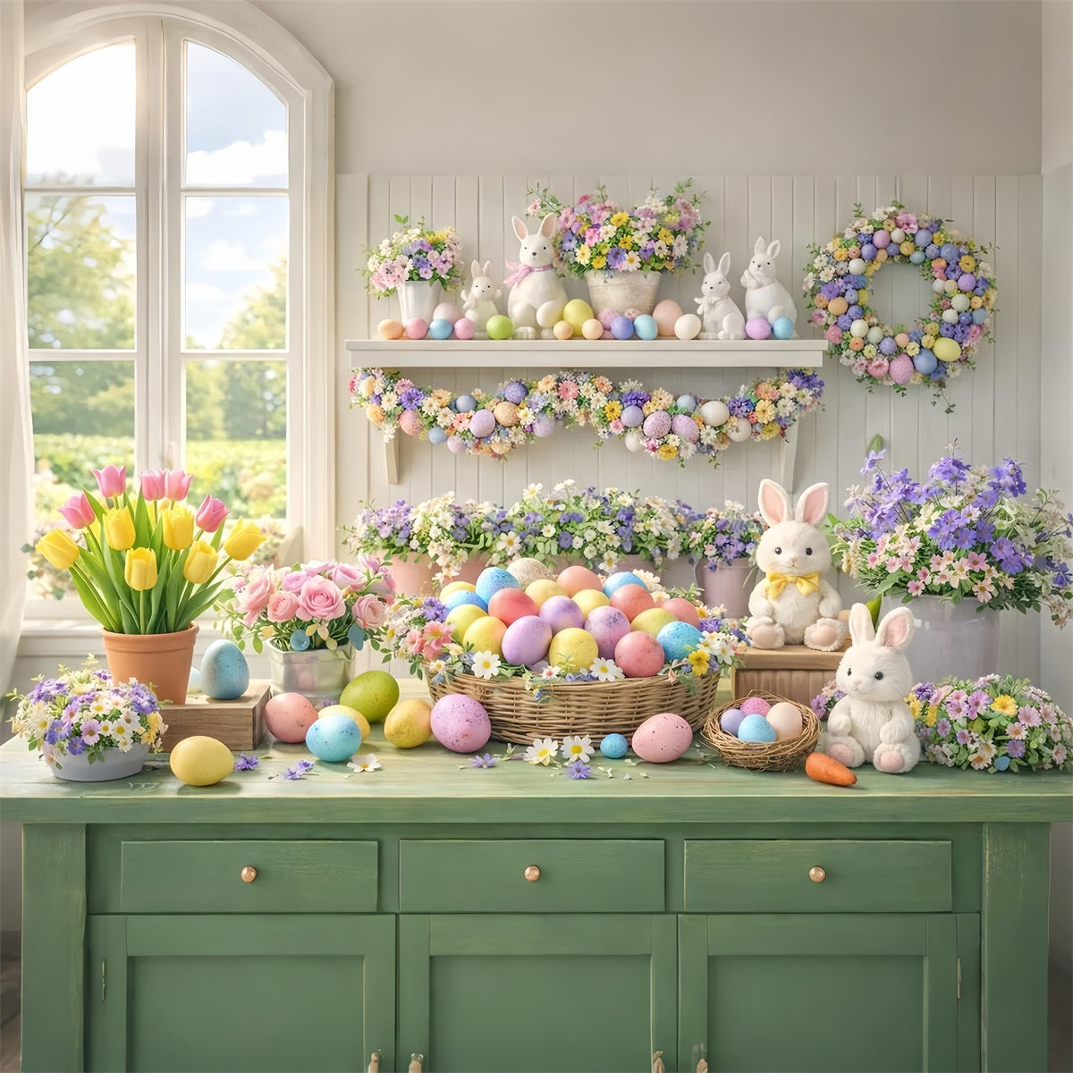 Easter Flower Backdrop Pastel Egg Tulip Window Bunny Backdrop LXX512-114