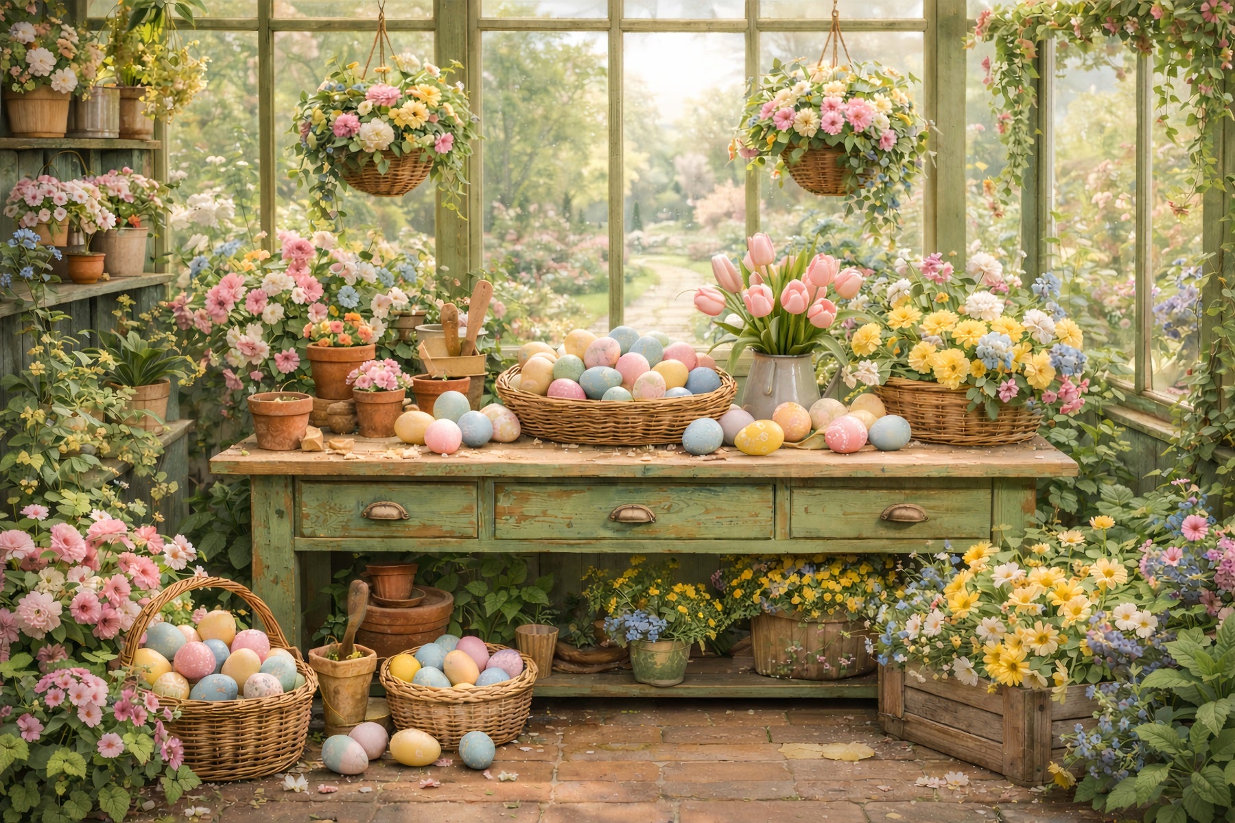 Easter Basket Backdrop Greenhouse Garden Flower Table Easter Egg Backdrop LXX512-115